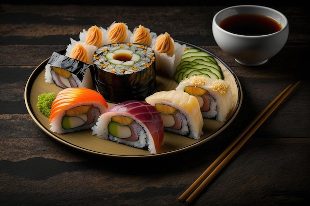 A plate of sushi with sauces and a bowl of sauce.