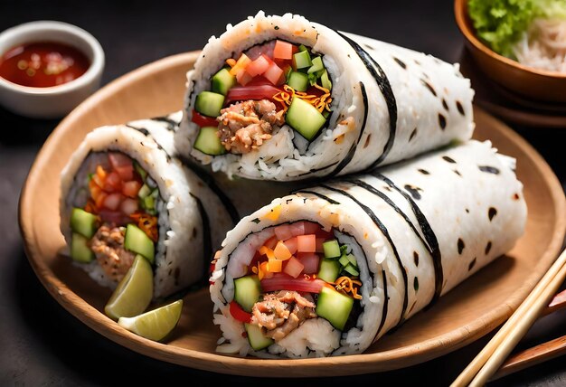 Photo a plate of sushi with a side of vegetables and meat