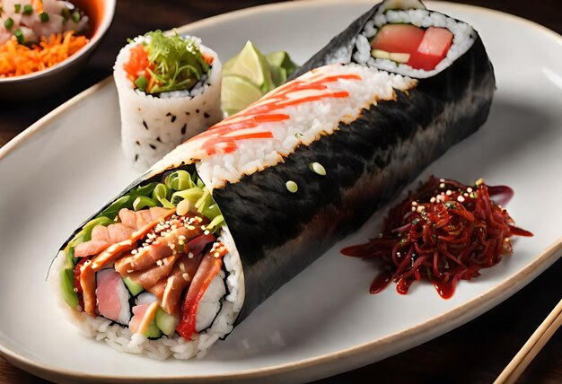 a plate of sushi with sushi and sushi on it