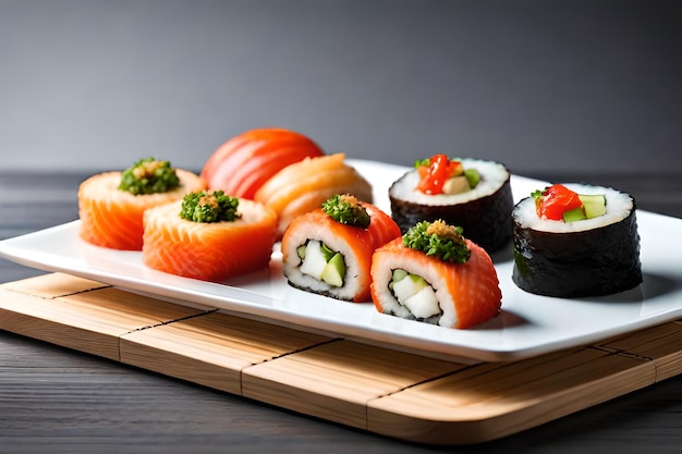 A plate of sushi with a variety of different flavors.