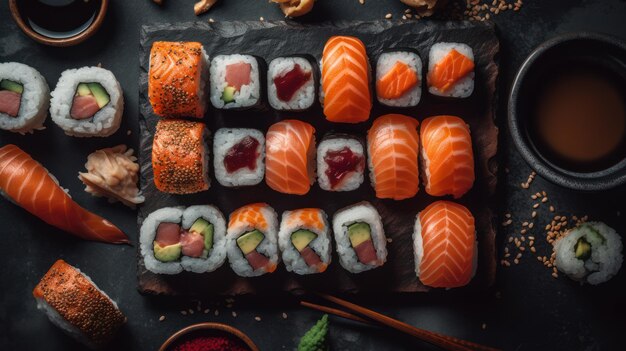 A plate of sushi with a variety of different flavors