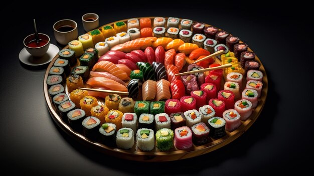 A plate of sushi with a variety of different flavors.