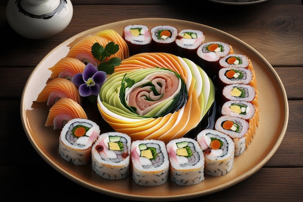 A plate of sushi with a variety of different types of sushi.