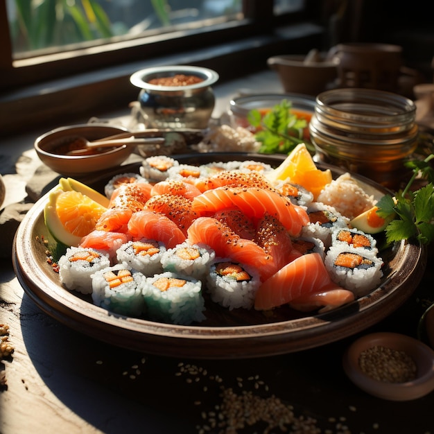 A plate of sushi with a variety of sushi on it.