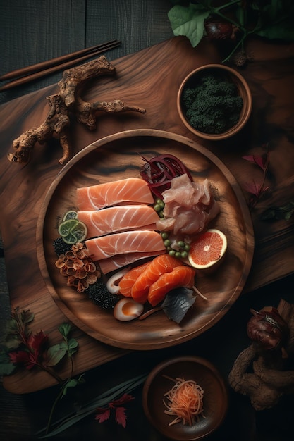 Тарелка суши с различными овощами на ней