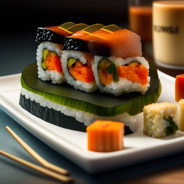 A plate of sushi with the word sushi on it