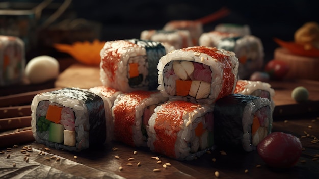 A plate of sushi with the word sushi on it