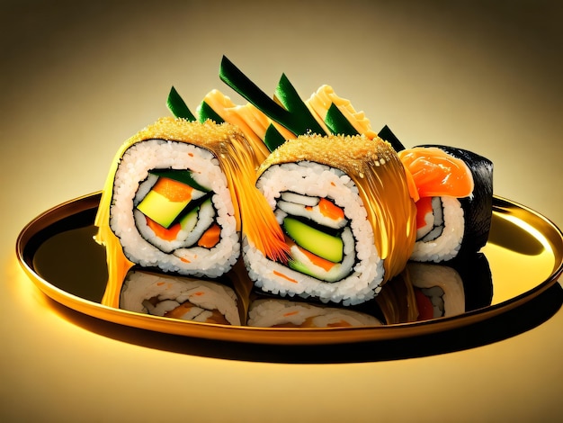 A plate of sushi with a yellow rim and a green vegetable on top.