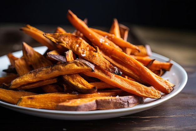 A plate of sweet potato fries on a wooden table.