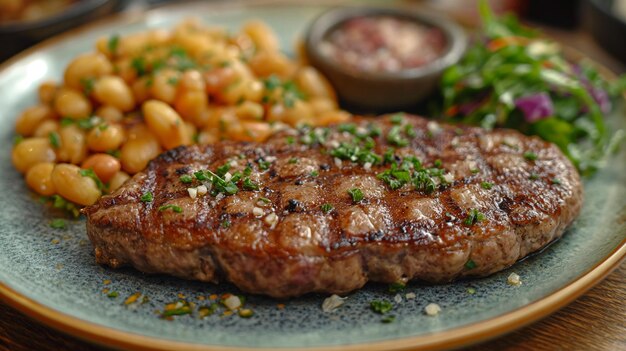 Photo a plate on a table with a beef steak rice beans and vegetables