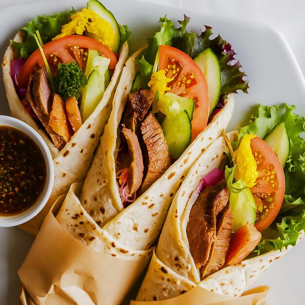 a plate of taco and a cup of salsa with a side of lettuce and tomatoes