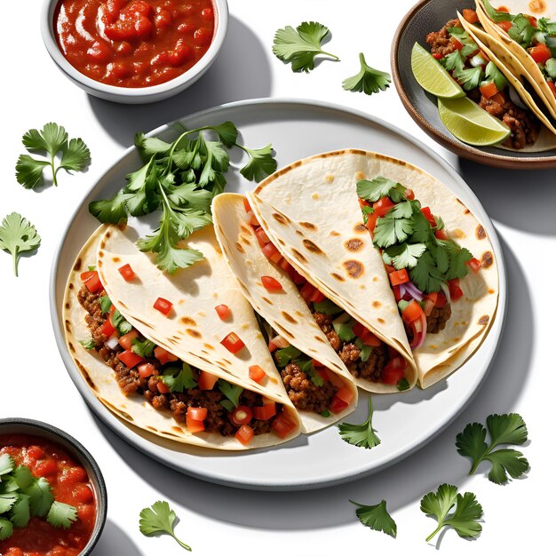 a plate of taco and salsa with a variety of ingredients