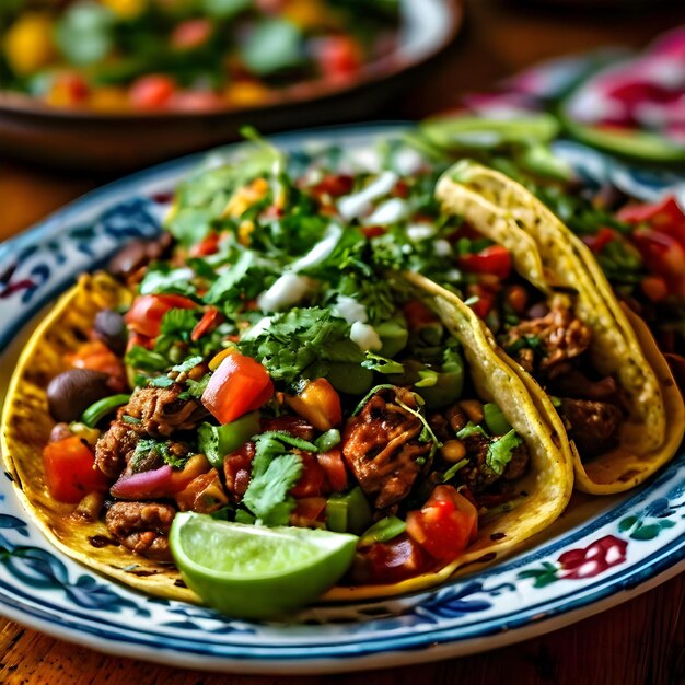 a plate of taco and tacos with a variety of vegetables