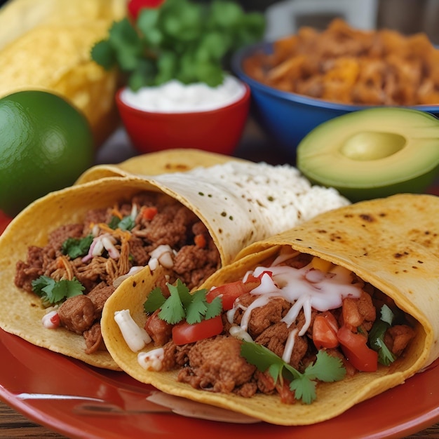 Foto un piatto di taco e tortilla con una varietà di ingredienti