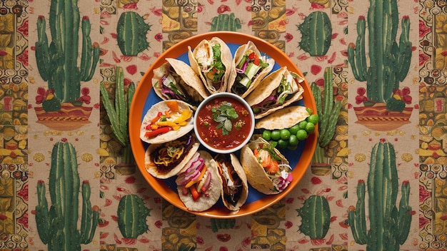 a plate of tacos is on a table with a cacti pattern