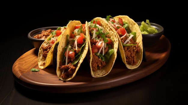 Photo a plate of tacos with beef on a wooden plate