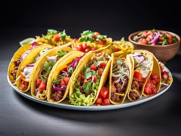 A plate of tacos with a bowl of salsa and a bowl of salsa.