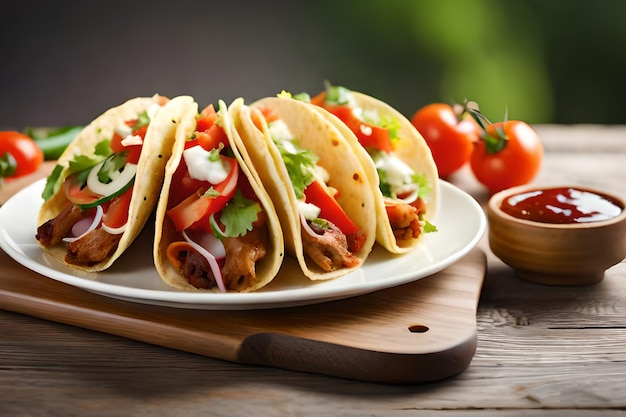 A plate of tacos with a bowl of tomatoes on the side.