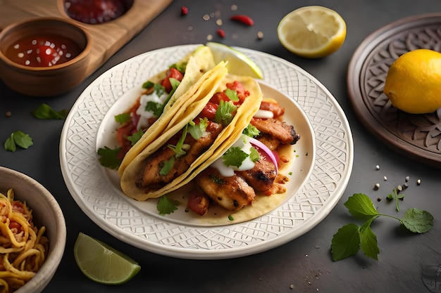 A plate of tacos with a lime wedge and cilantro on the side.