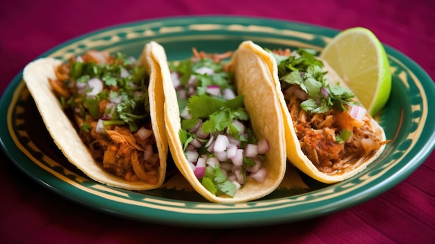 A plate of tacos with a lime wedge on the side.