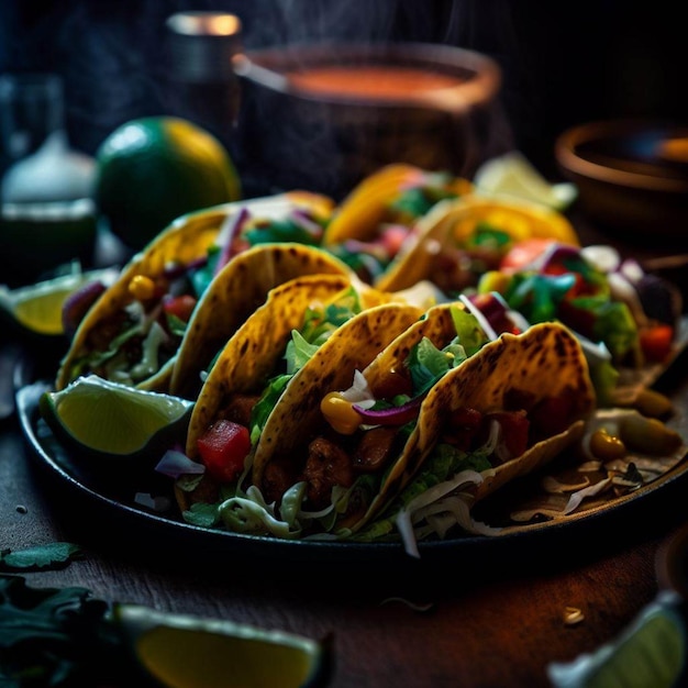 Photo a plate of tacos with a lime wedge on the side