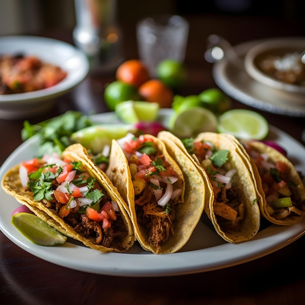 A plate of tacos with a lime wedge on the side.