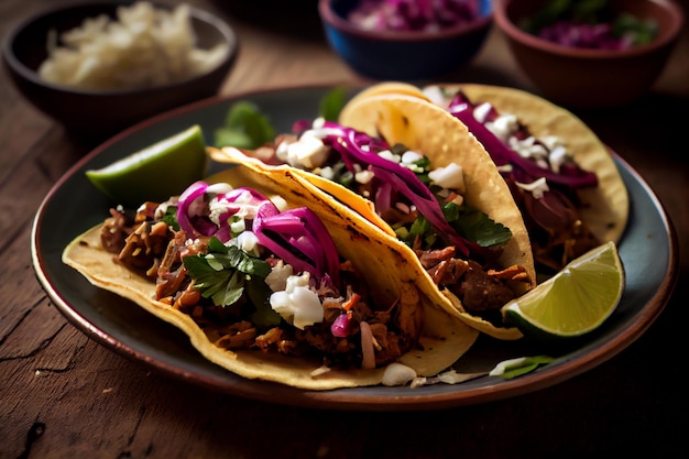 A plate of tacos with a red sauce and cilantro on top.