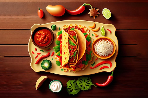 Plate of tacos with salsa and guacamole set in a taqueria on wooden rustic table Generative Ai