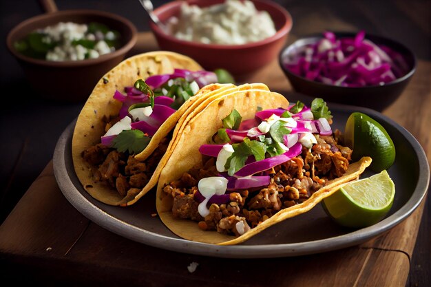 A plate of tacos with a side of cilantro on the side.