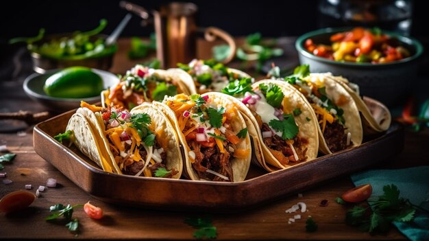 A plate of tacos with a side of salsa and other food on a wooden table.