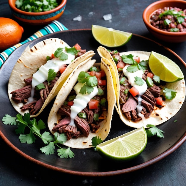 a plate of tacos with a variety of ingredients including tortillas and salsa