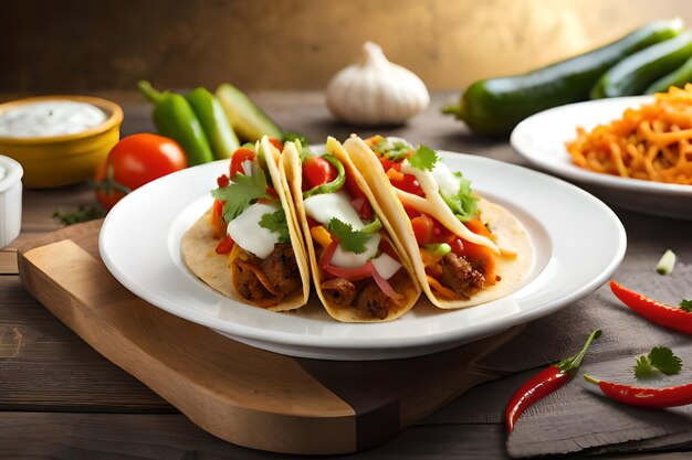 A plate of tacos with a variety of vegetables on the table.