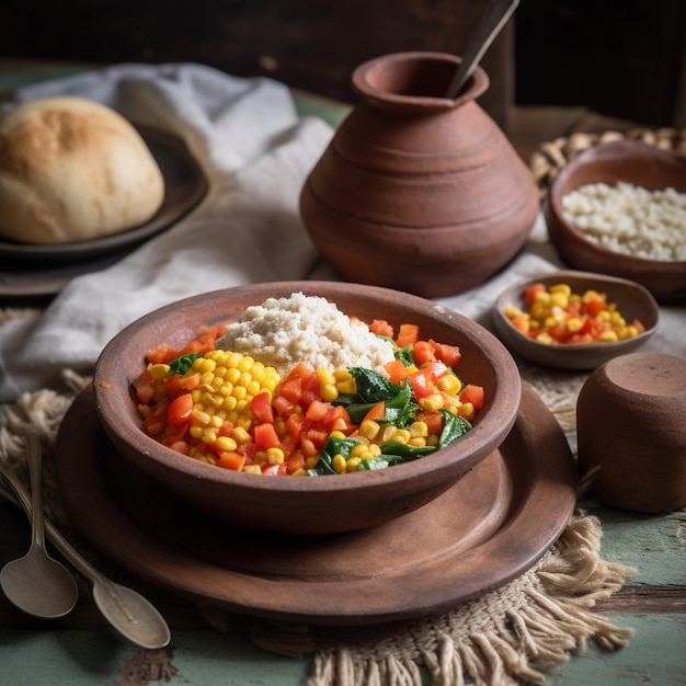 A plate of tanzanias ugali with colorful vegetable stew and traditional utensils