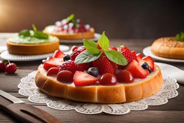 A plate of tarts with a strawberry and blueberry topping.