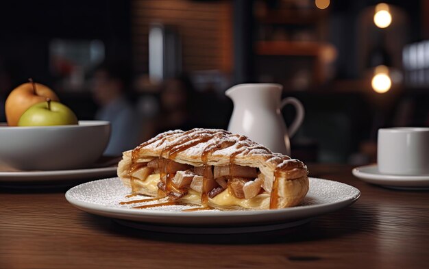 Photo a plate of tasty apple pie on a cafe background professional food photo ai generated