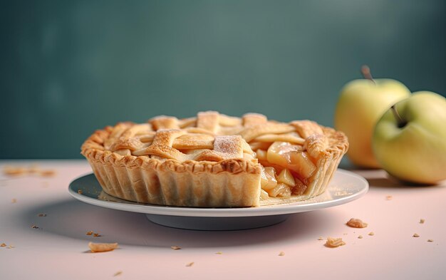 A plate of tasty apple pie on a pastel background professional food photo ai generated