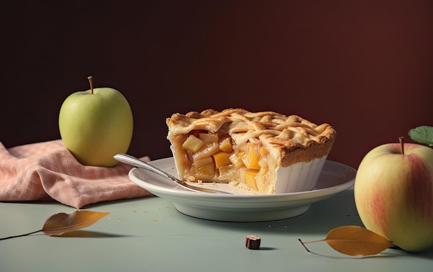 パステル色の背景にある美味しいリンゴパイの皿プロの食品写真が生成されました