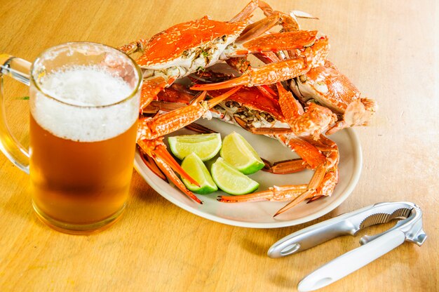 Plate of tasty boiled big crabs.