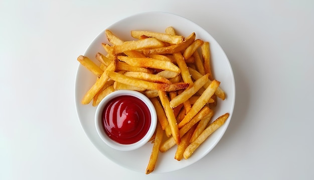 Plate of tasty french fries and ketchup on white background