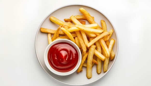 Plate of tasty french fries and ketchup on white background