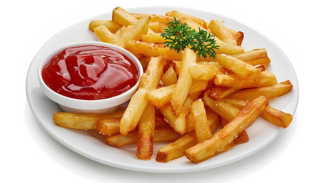 Plate of tasty french fries and ketchup on white background