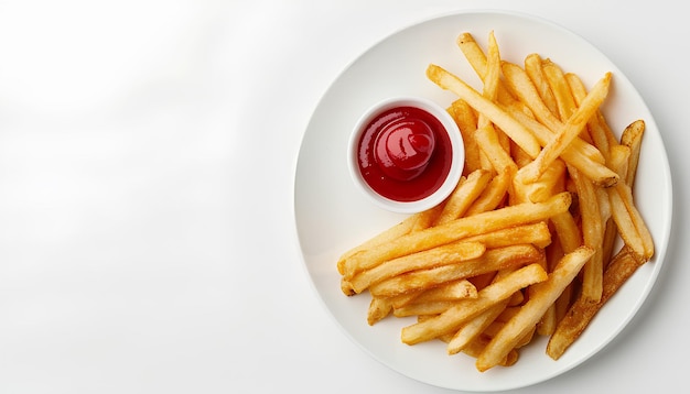 Plate of tasty french fries and ketchup on white background