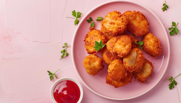 Plate of tasty nuggets on pink tile background