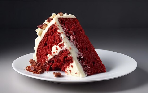 Photo a plate of tasty red velvet cake on a white background professional advertising ai generated