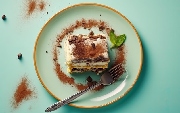 Foto piatto di gustoso tiramisu su uno sfondo pastello pubblicità professionale post foto di cibo ai generato