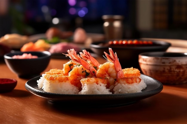 a plate of tempura shrimp nigiri the lightly battered and crispy shrimp perched atop sushi rice