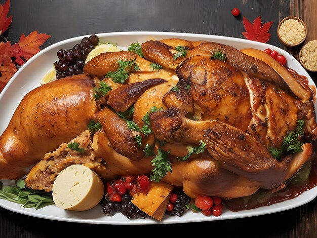 A plate of Thanksgiving day delicious food dinner