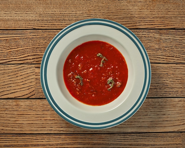 Plate of thick tomato soup in meat broth on wooden background