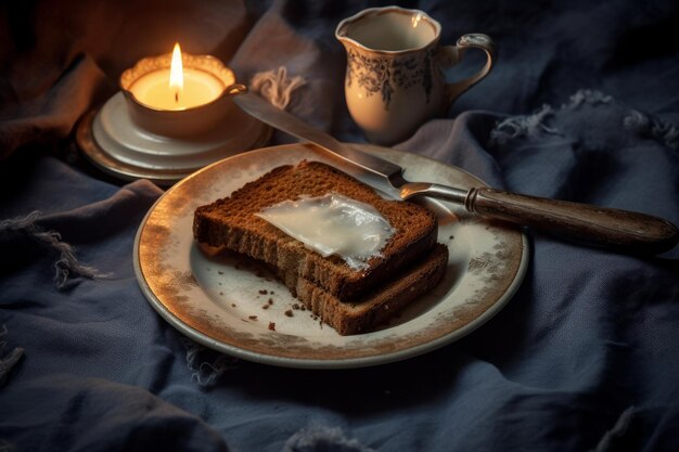 A plate of toast with butter on it and a cup of tea on the side.