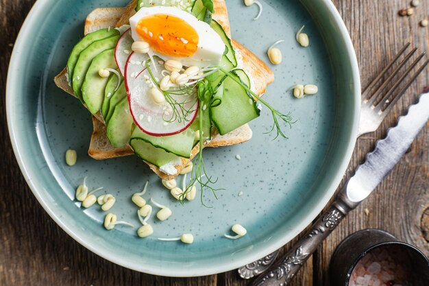 A plate of toast with a fried egg on it